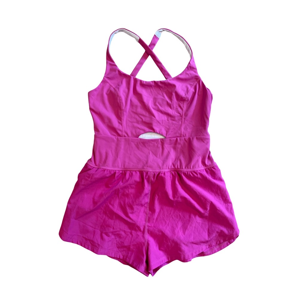 Magenta Pink Athletic Lg Romper Cutout Cross Back Workout Dress Shorts One Piece